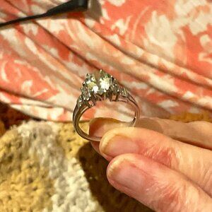 Mexican Yellow Labradorite ring with Zircons in rhodium over silver, Size 10